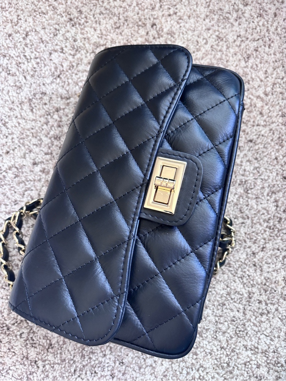 Designer-Inspired Quilted Black Italian Leather Flap -Gold Chain Shoulder Bag - Picture 9 of 13